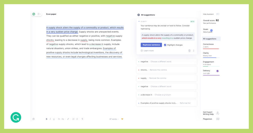 Grammarly suggestions in action within a text editor