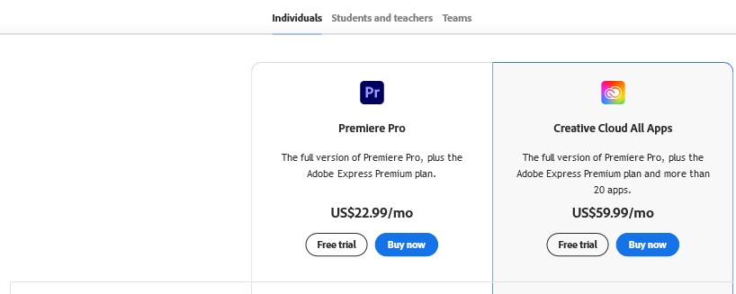 Adobe Premiere rush Pricing
