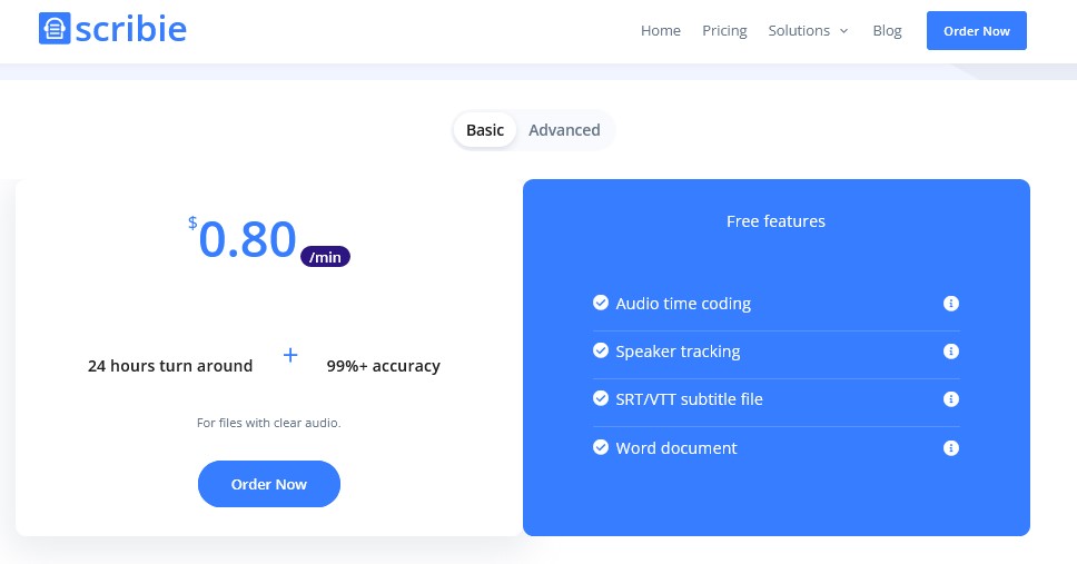 Scribie Pricing and Plan Audio_Video Transcription Rates starting at $0.80_min