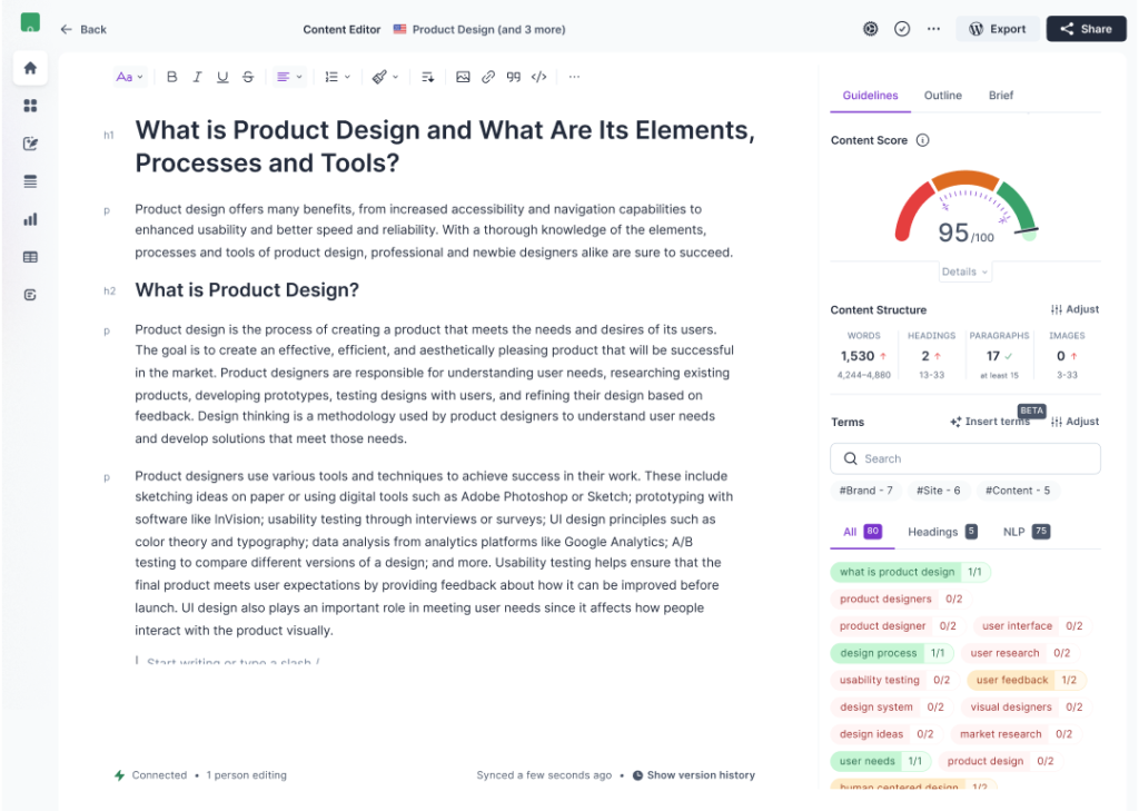 Surfer SEO's Content Editor offering optimization suggestio