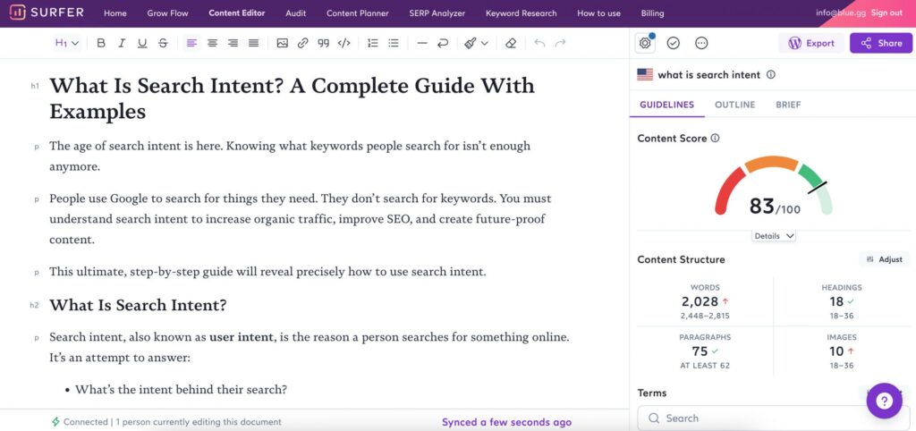 SurferSEO's content editor features.
