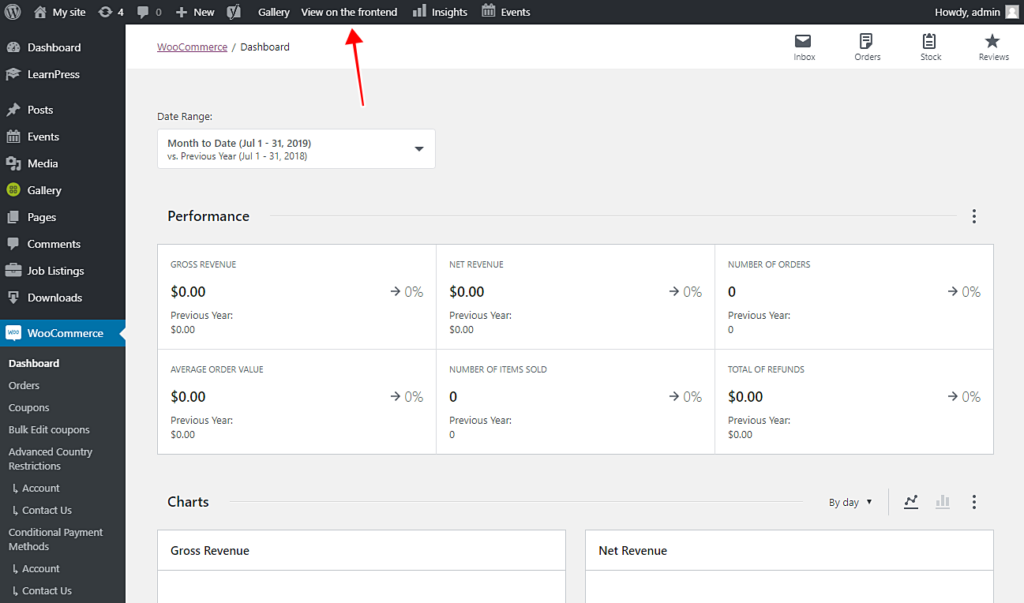 WooCommerce dashboard
