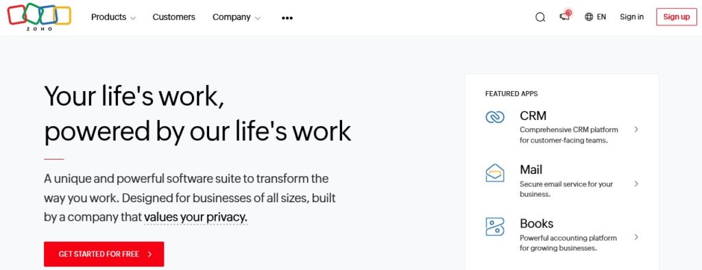Zoho Cloud Software Suite for Businesses Dashboard
